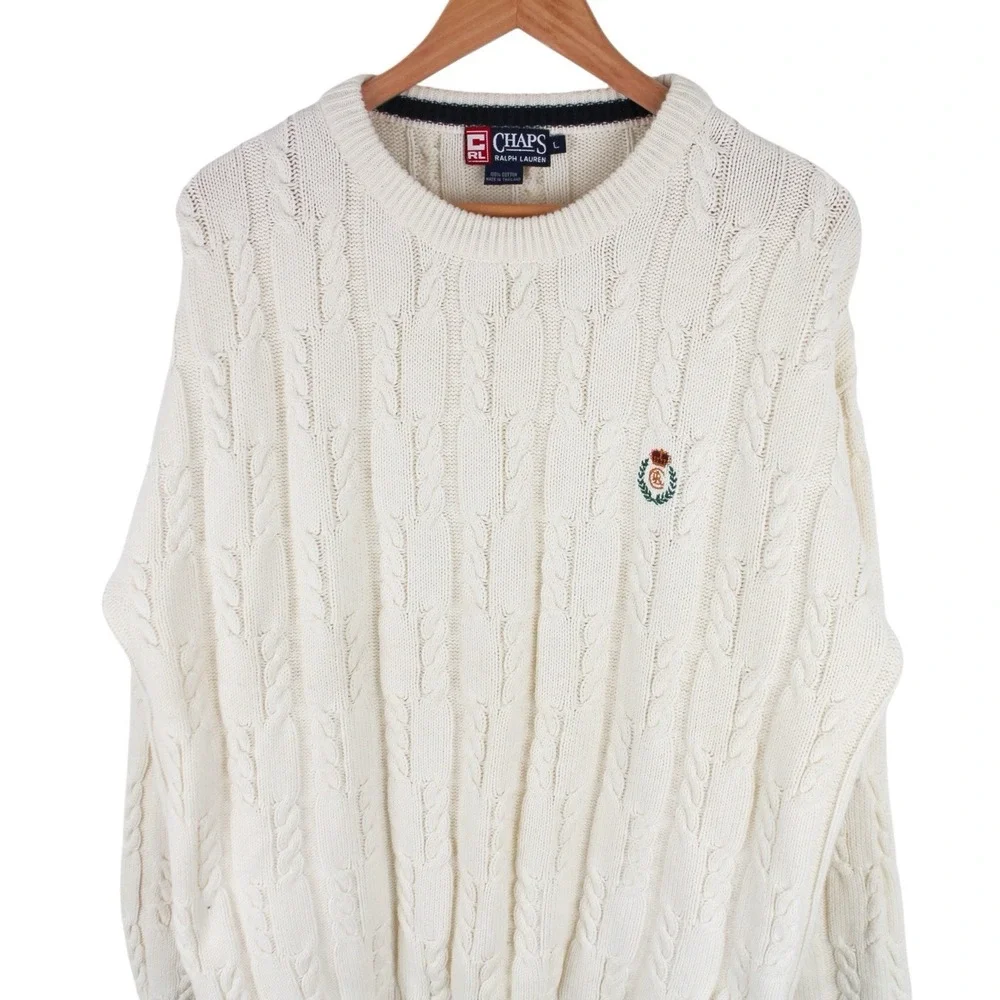 Vintage Chaps Ralph Lauren Chunky Cable Knit Sweater Cream Men's Size Large